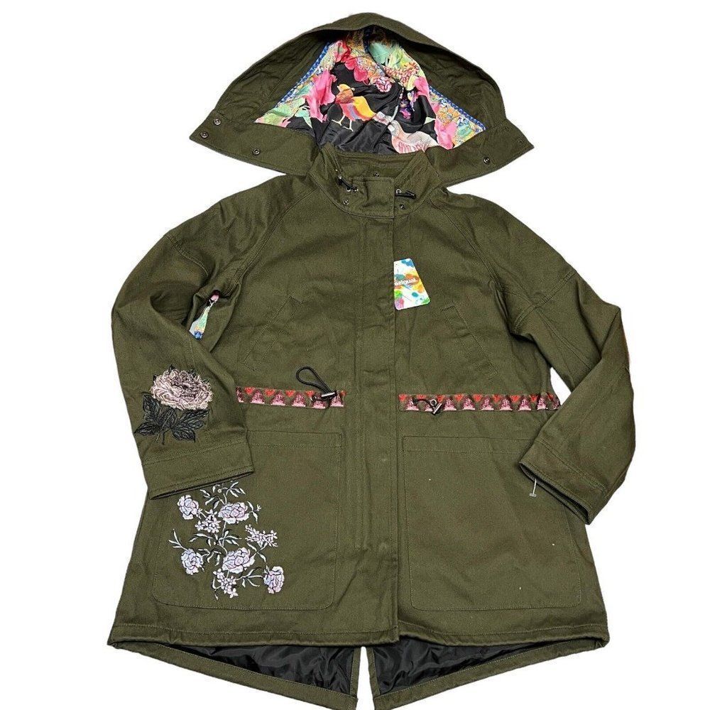 Desigual Jacket WMNS 6 Green‎ Victorian Gothic Hooded Manila Parka Floral Artsy - Picture 2 of 16